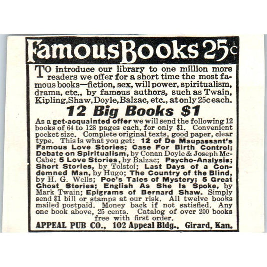 Famous Books Appeal Pub. Co. Girard Kansas - 1921 Original Ad TJ7-S7
