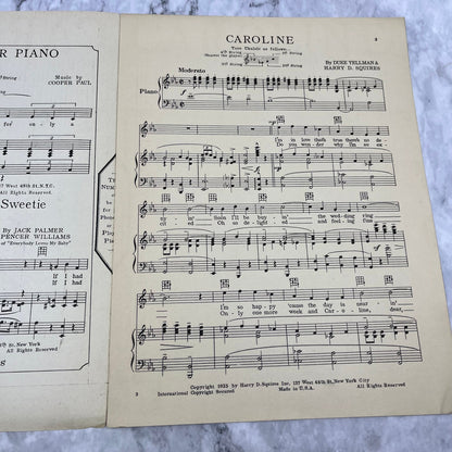 1925 Sheet Music - CAROLINE - Duke Yellman Harry D. Squires V38