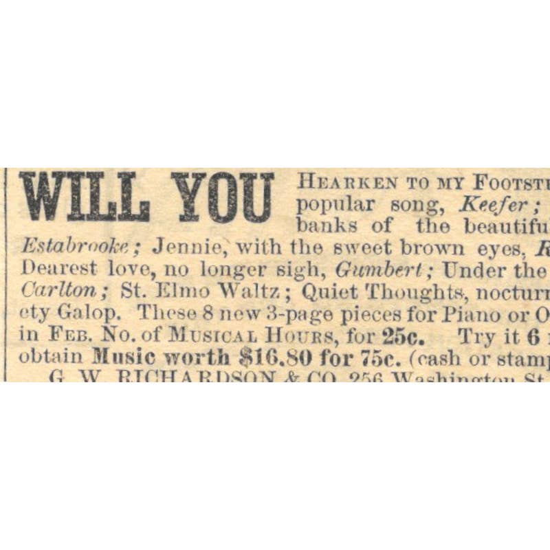 Sheet Music G.W. Richardson & Co Boston - Ad 1878 Original TJ7-L2-3