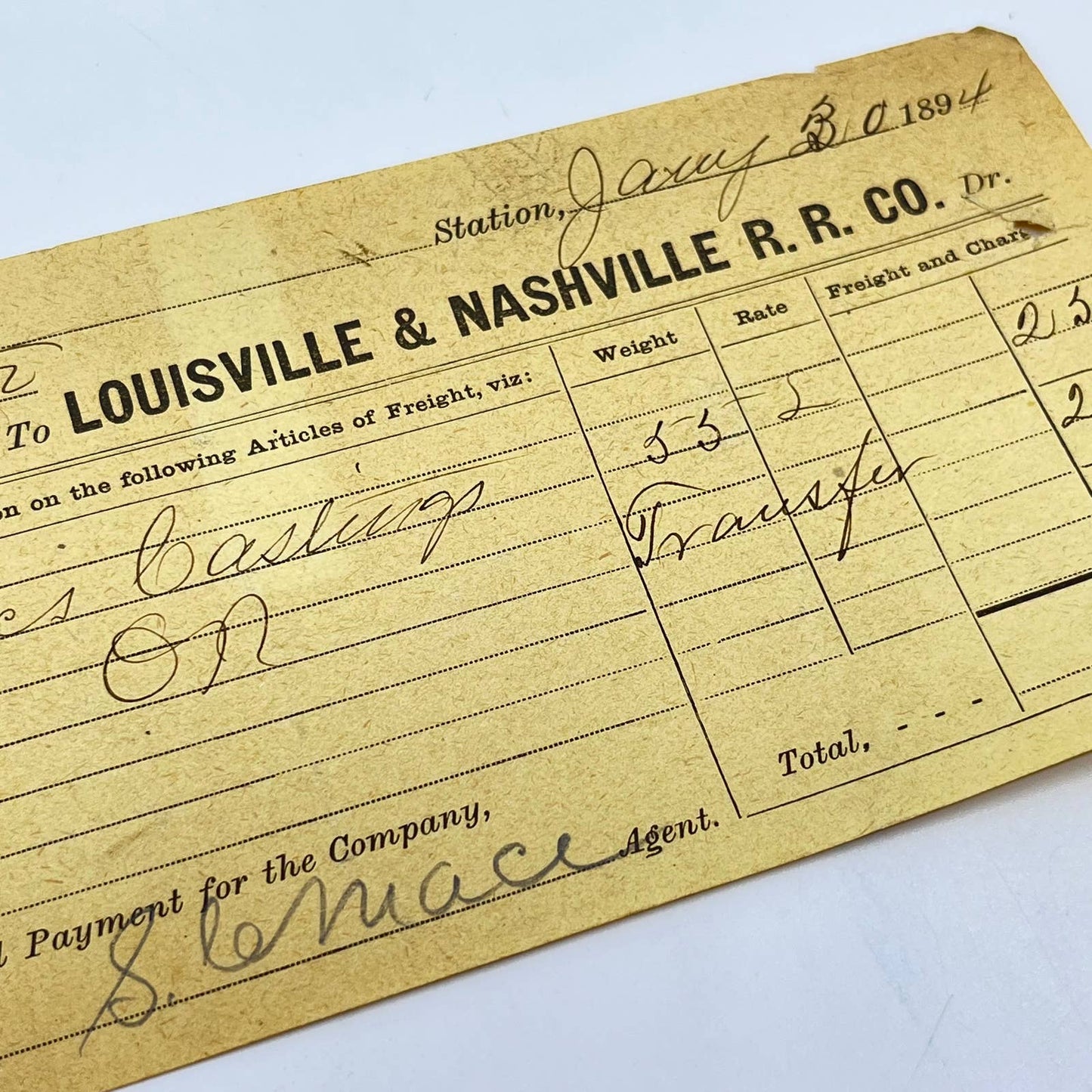 1894 Louisville & Nashville RR Co Railroad Way-Bill Receipt Salem Station AB2