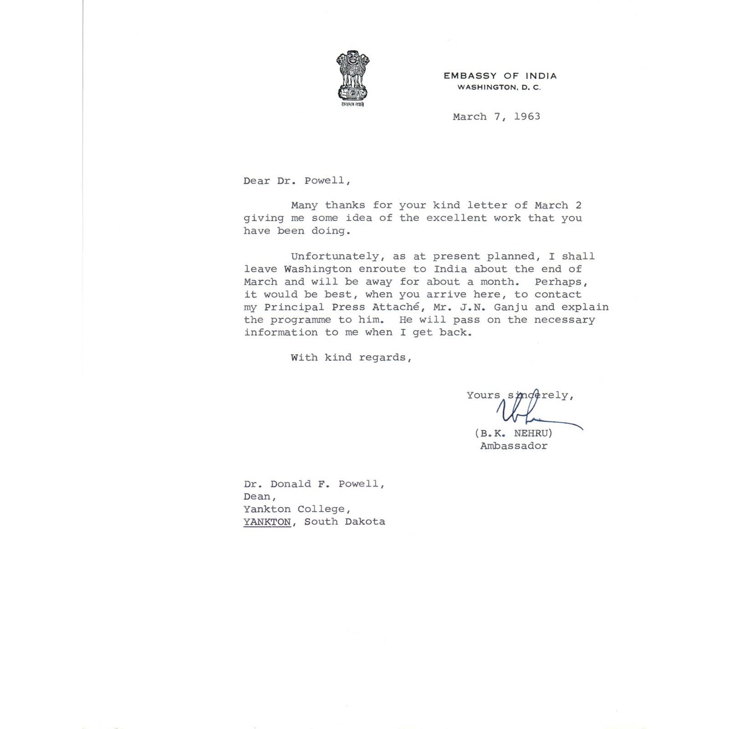 Embassy of India Official Letterhead Memo B.K. Nehru Ambassador Mar 1963 TK1-P11