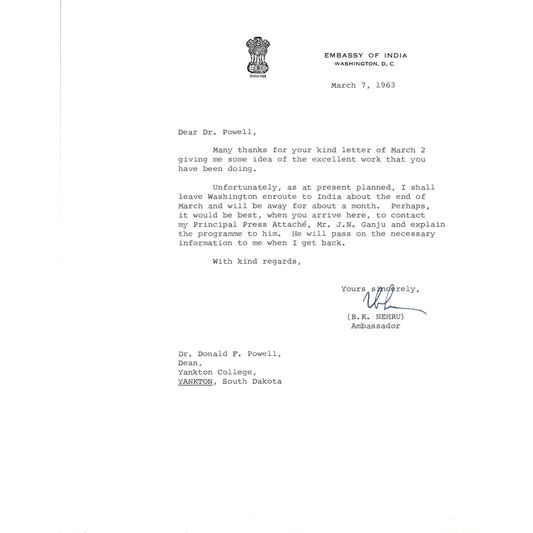 Embassy of India Official Letterhead Memo B.K. Nehru Ambassador Mar 1963 B15
