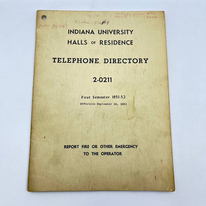 1951 Indiana University Halls of Residence Telephone Directory TF6