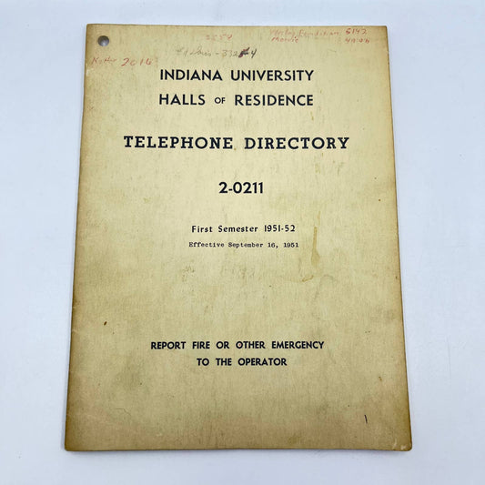 1951 Indiana University Halls of Residence Telephone Directory TF6