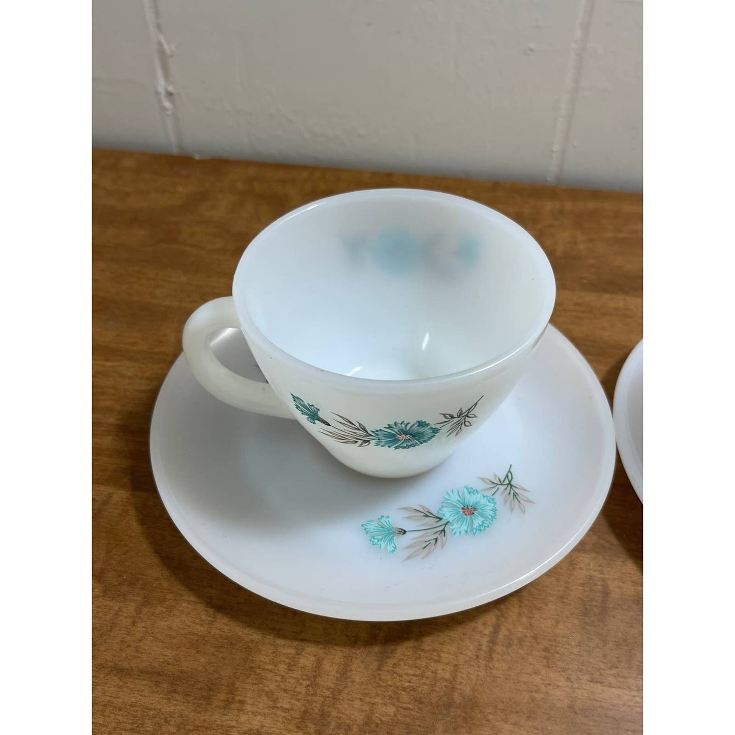 1950s MCM Atomic Fire King Cup Mug Saucer Bonnie Blue Carnation Set of 2 TG8