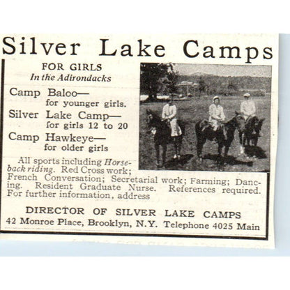 c1920 Harper's Magazine Ad - Silver Lake Camps for Girls In the Adirondacks EA3