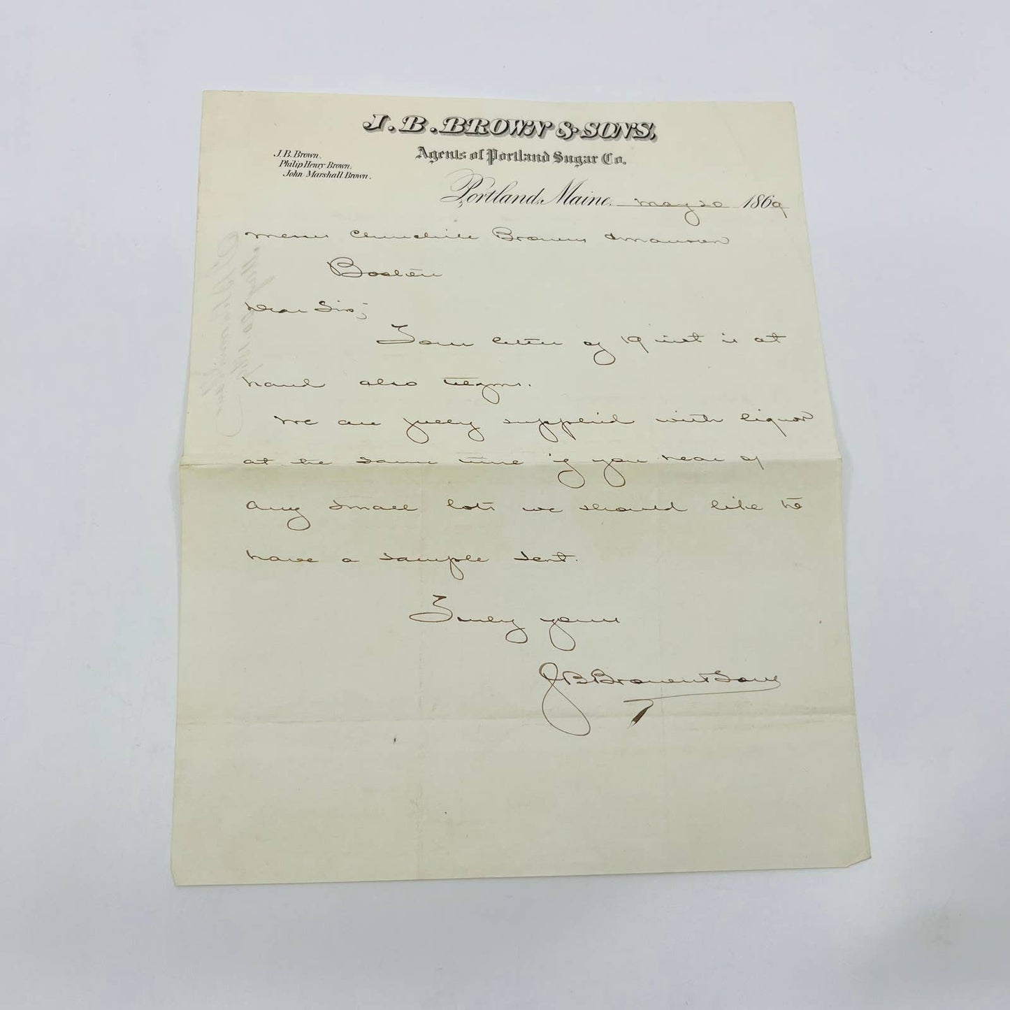 1869 J.B. Brown & Sons Portland Sugar Co Portland ME Letterhead Billhead AA5