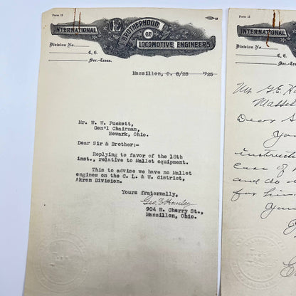 1925 International Brotherhood of Locomotive Engineer Letterhead Lot of 2 AB2-2