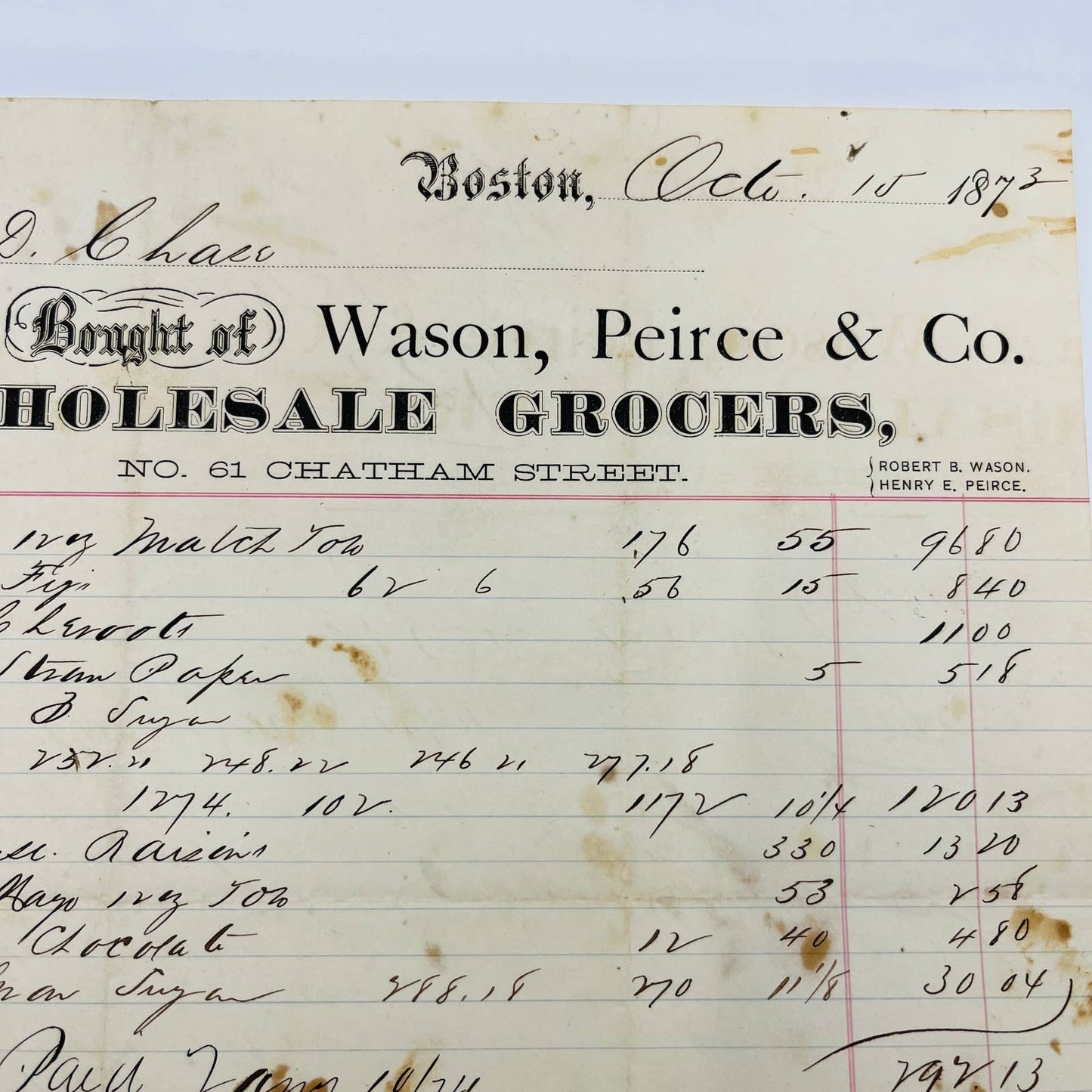 1873 Wason, Peirce & Co. 61 Chatham St Boston MA Billhead Letterhead Receipt AA4