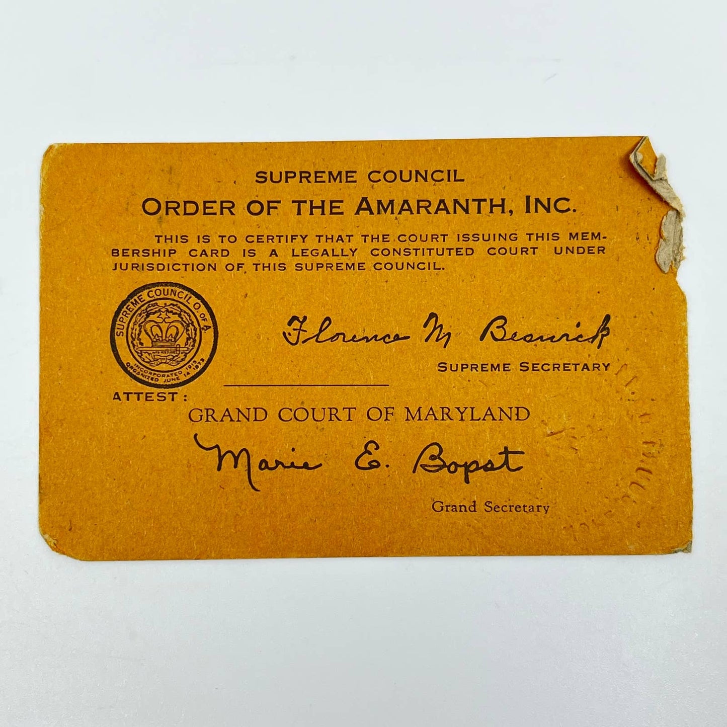 1947 Order of the Amaranth Membership Card Theresa Cassidy Baltimore MD SC7