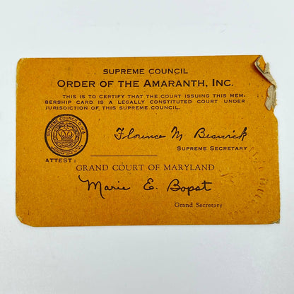 1947 Order of the Amaranth Membership Card Theresa Cassidy Baltimore MD SC7