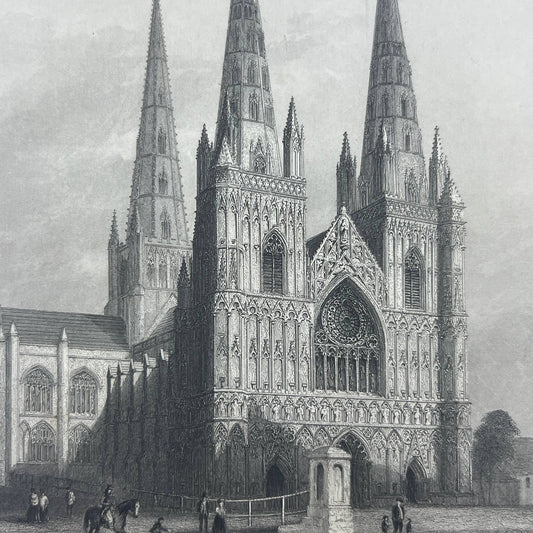 1842 Original Art Engraving Lichfield Cathedral View of the West Front AC6