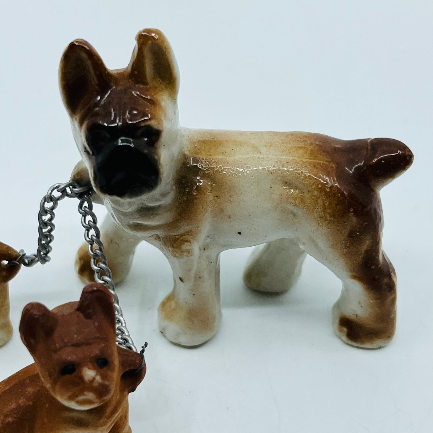 Vintage Brown Boxer Dog With 2 Puppies on Chain Hand Painted Porcelain 2.5” SB2