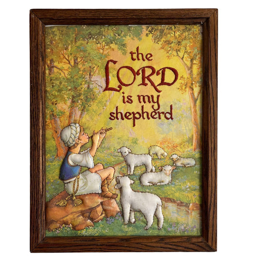 1982 Kitsch Puffy Fabric Embroidery THE LORD IS MY SHEPHERD Picture 13x17”