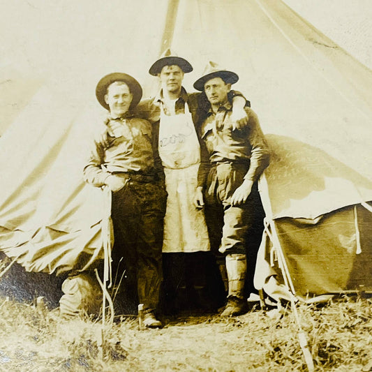 Early 1900s RPPC WWI US Military Servicemen Pose With Cook Outside Tent PA9