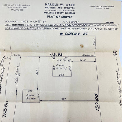 1947 Harold W. award Surveyor Plat W. Cherry St. Wauwatosa Milwaukee County AA7
