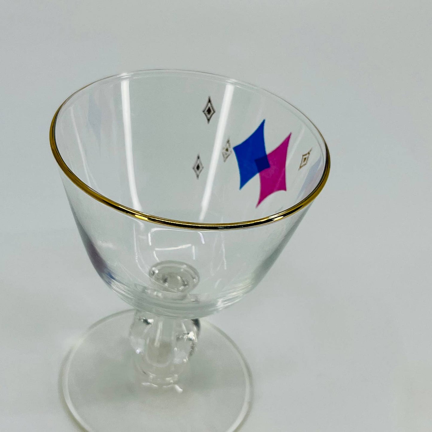 1950s Libbey Atomic Diamond Cordial Champagne Glass Pink/Blue TD9