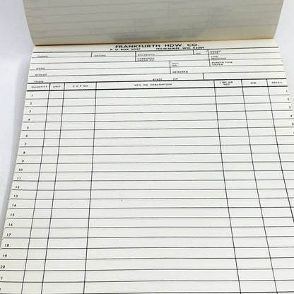 1960s Frankfurth Hardware Co. Milwaukee WI Blank Order Form Tablet TF9-2