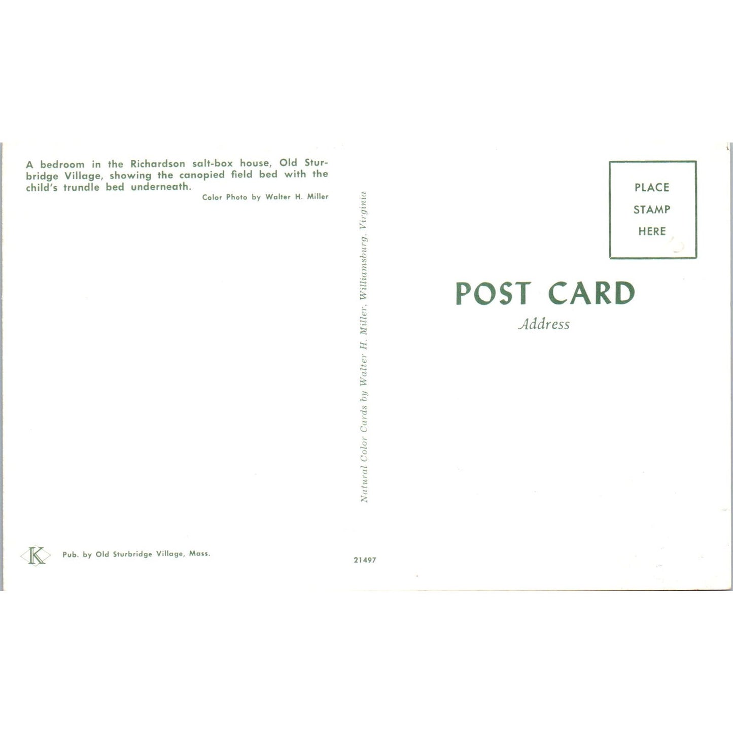 Richardson Salt-Box House Bedroom Old Sturbridge Village Original Postcard PB5