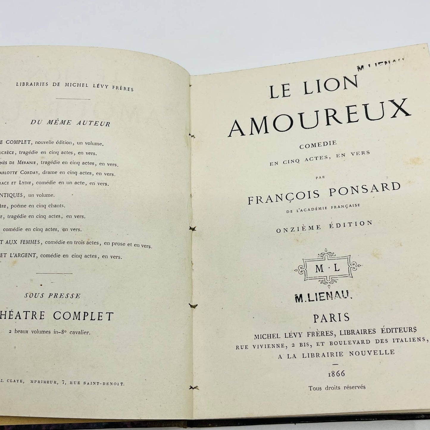 1866 French Book Le Lion Amoureux Comedie En Cinq Actes En Vers Paris TD6