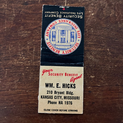 William E. Hicks Ins. Kansas City MO Advertising Matchbook Cover MM11-6