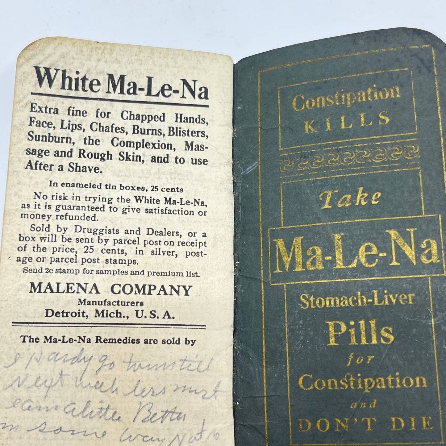 1920 Ma-Le-Na Advertising Memo Book Quack Medicine Constipation Kills TE1