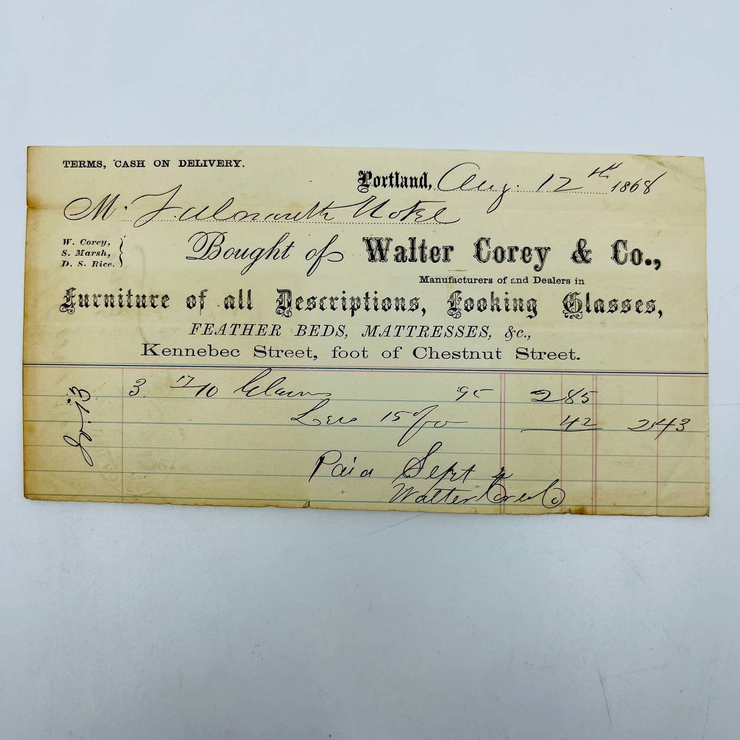 1868 Walter Corey & Co. Furniture Portland ME Falmouth Hotel Stamp Billhead AA5