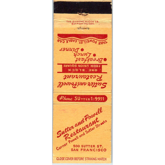 Sutter & Powell Restaurant San Francisco CA Advertising Matchbook Cover MM9-2