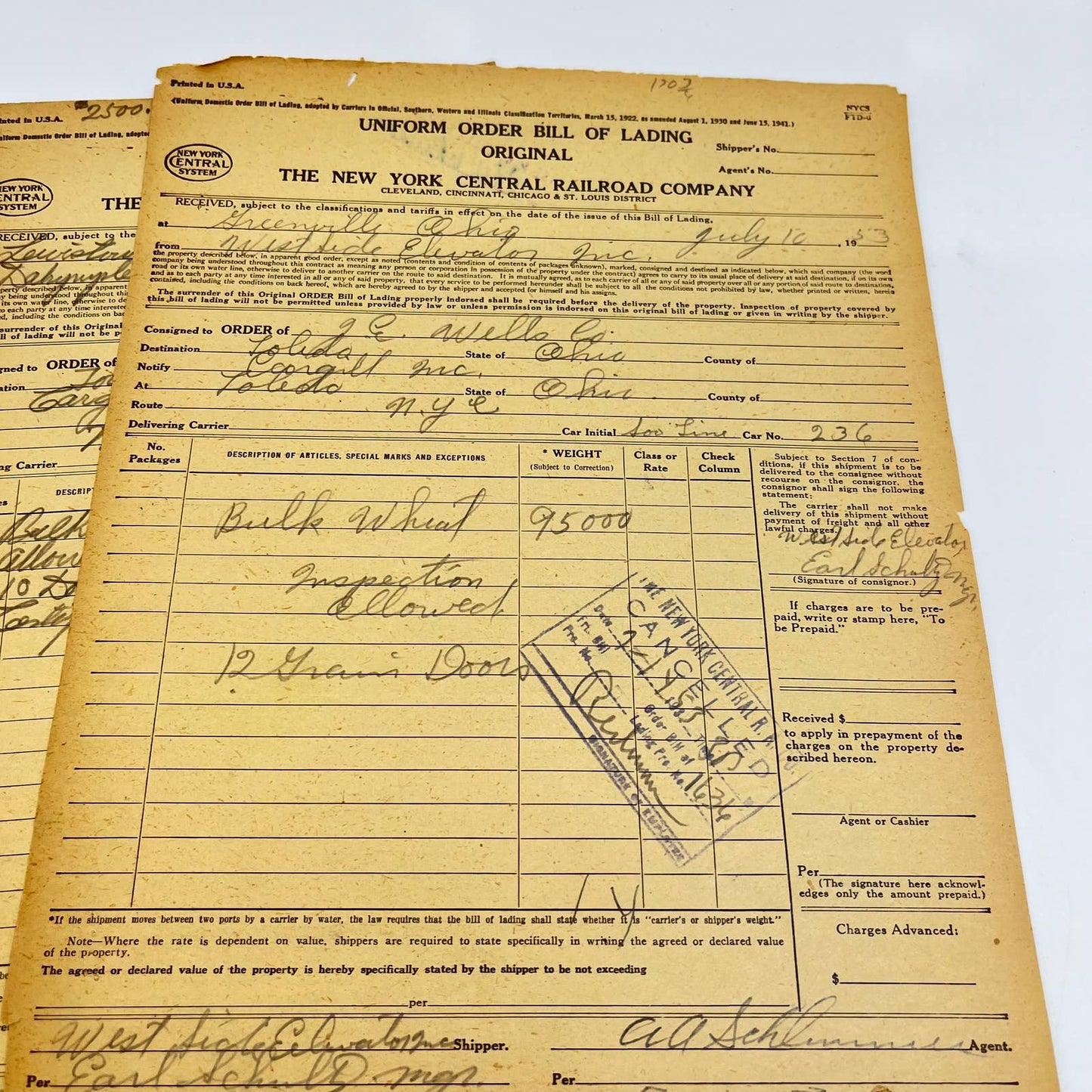 1953 The New York Central Railroad Co RR Original Bill of Lading Lot of 10 AB1-2