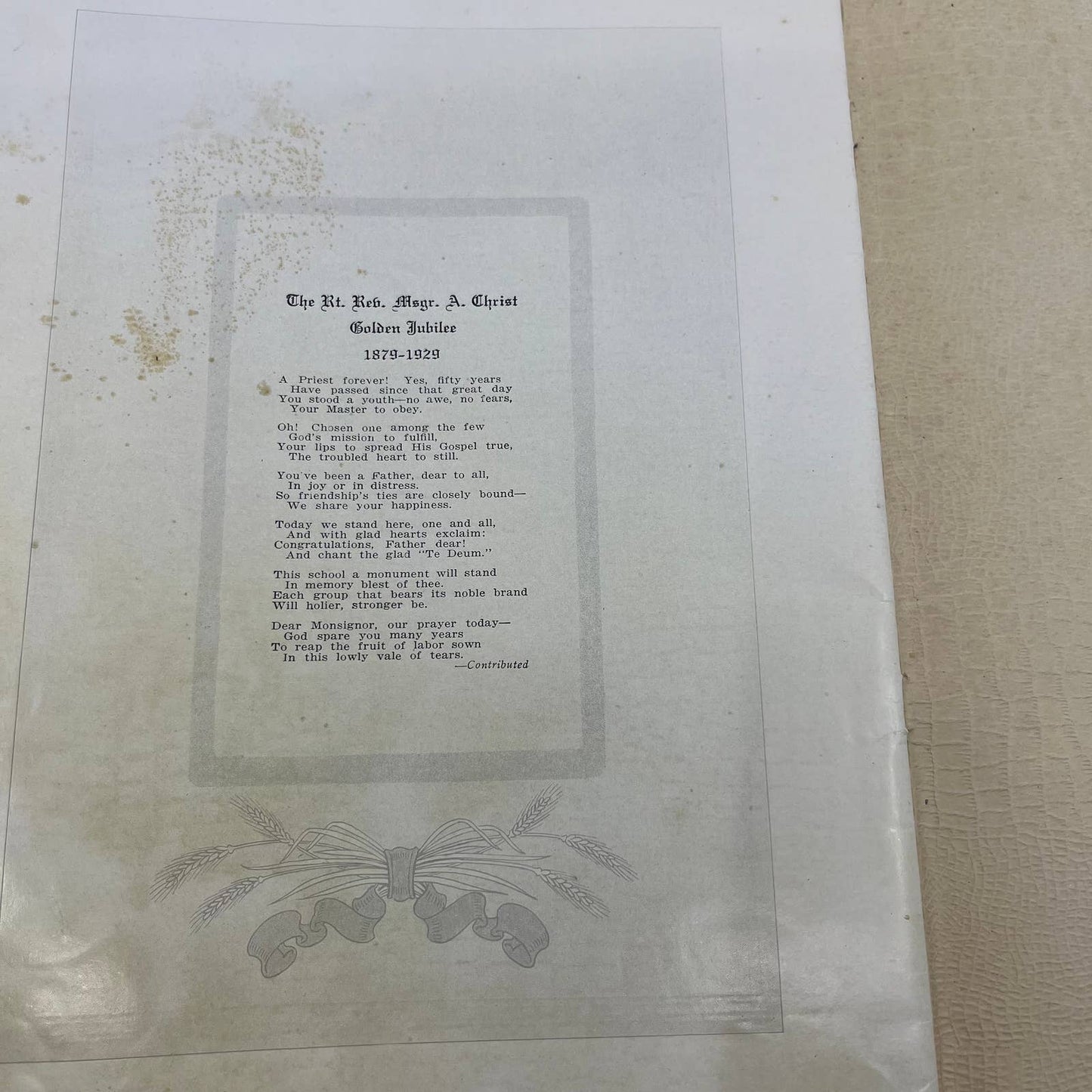 1929 Program Sacerdotal Golden Jubilee of Reverend Adam Christ Lebanon PA TH7