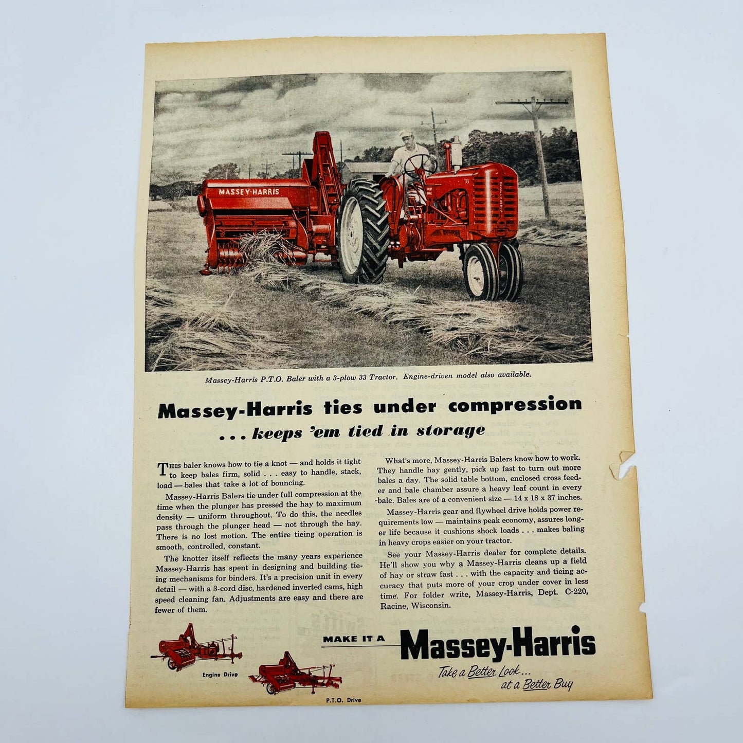 Vintage Advertisement MASSEY-HARRIS P. T. O. Baler 3-Plow 33 Tractor Red AA1