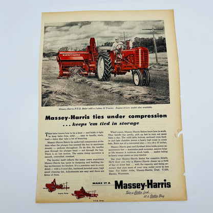 Vintage Advertisement MASSEY-HARRIS P. T. O. Baler 3-Plow 33 Tractor Red AA1