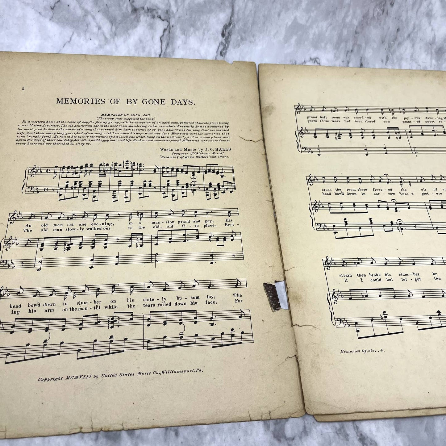 Memories of By-Gone Days J.C. Halls 1908 Sheet Music TK2-SM