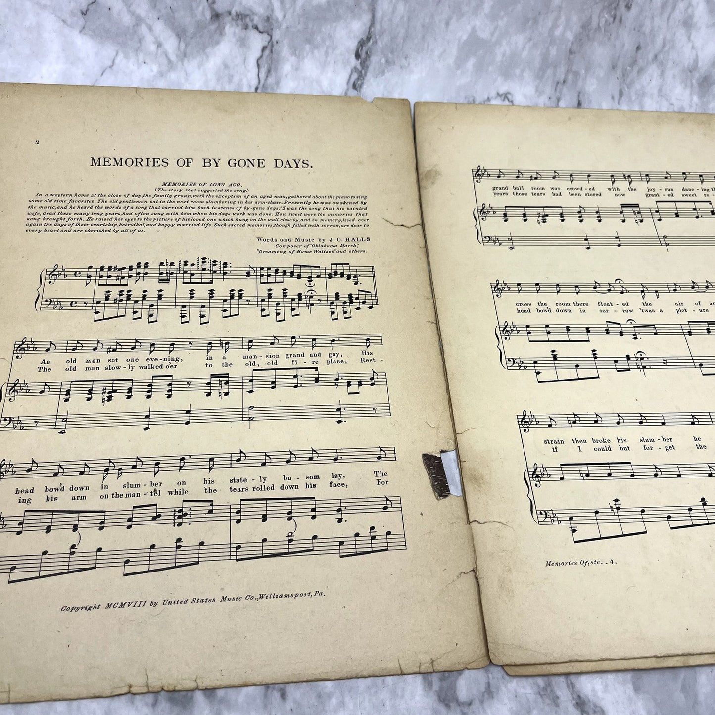 Memories of By-Gone Days J.C. Halls 1908 Sheet Music V37-5