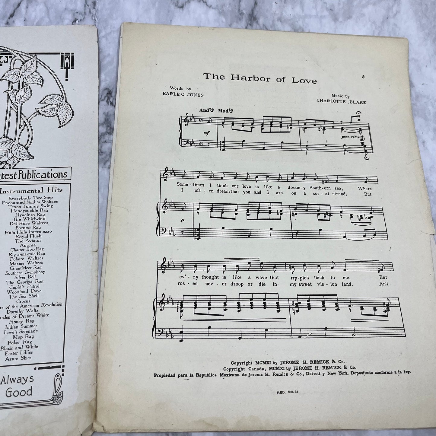 1911 The Harbor Of Love by Earle C. Jones & Charlotte Blake Sheet Music V38