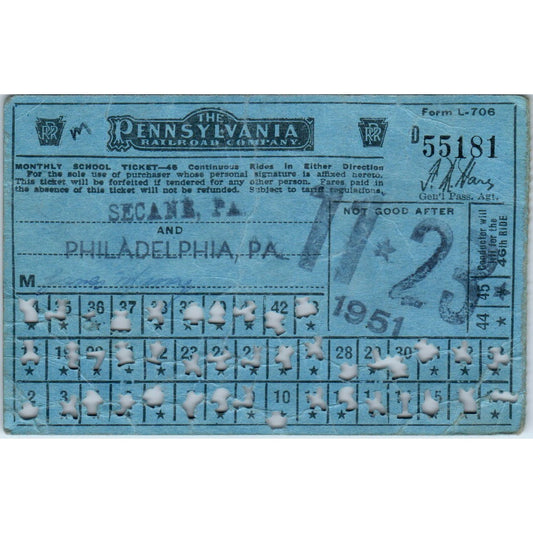 1951 Pennsylvania Railroad Company Monthly School Ticket AK3-M41
