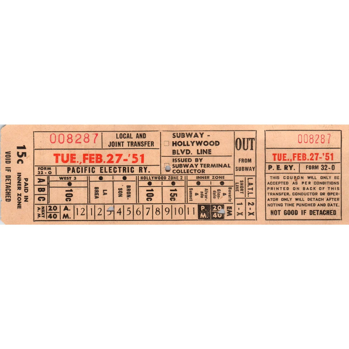 1951 Pacific Electric Railway Subway Hollywood Streetcar Transfer Ticket SE8