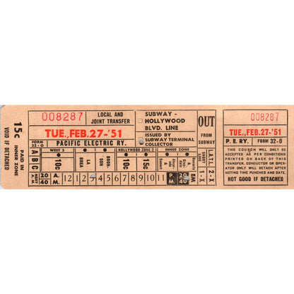 1951 Pacific Electric Railway Subway Hollywood Streetcar Transfer Ticket SE8