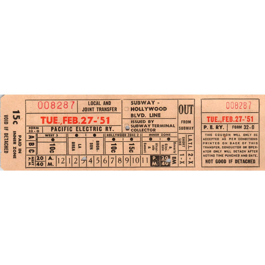 1951 Pacific Electric Railway Subway Hollywood Streetcar Transfer Ticket SE8