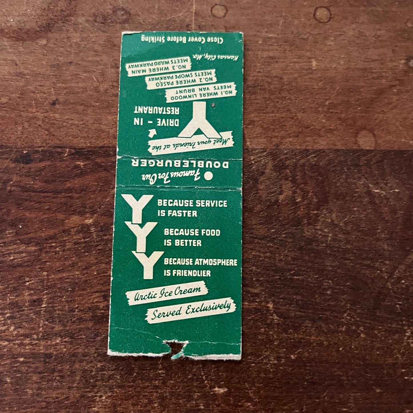 The Y Double Burger Drive-In Restaurant Kansas City Advertising Matchbook SB3-M2