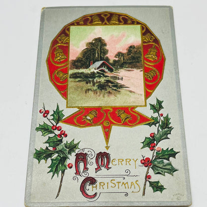 1910s Christmas Post Card Embossed Cottage Holly Sunset Bells Gilt Dresden PA4