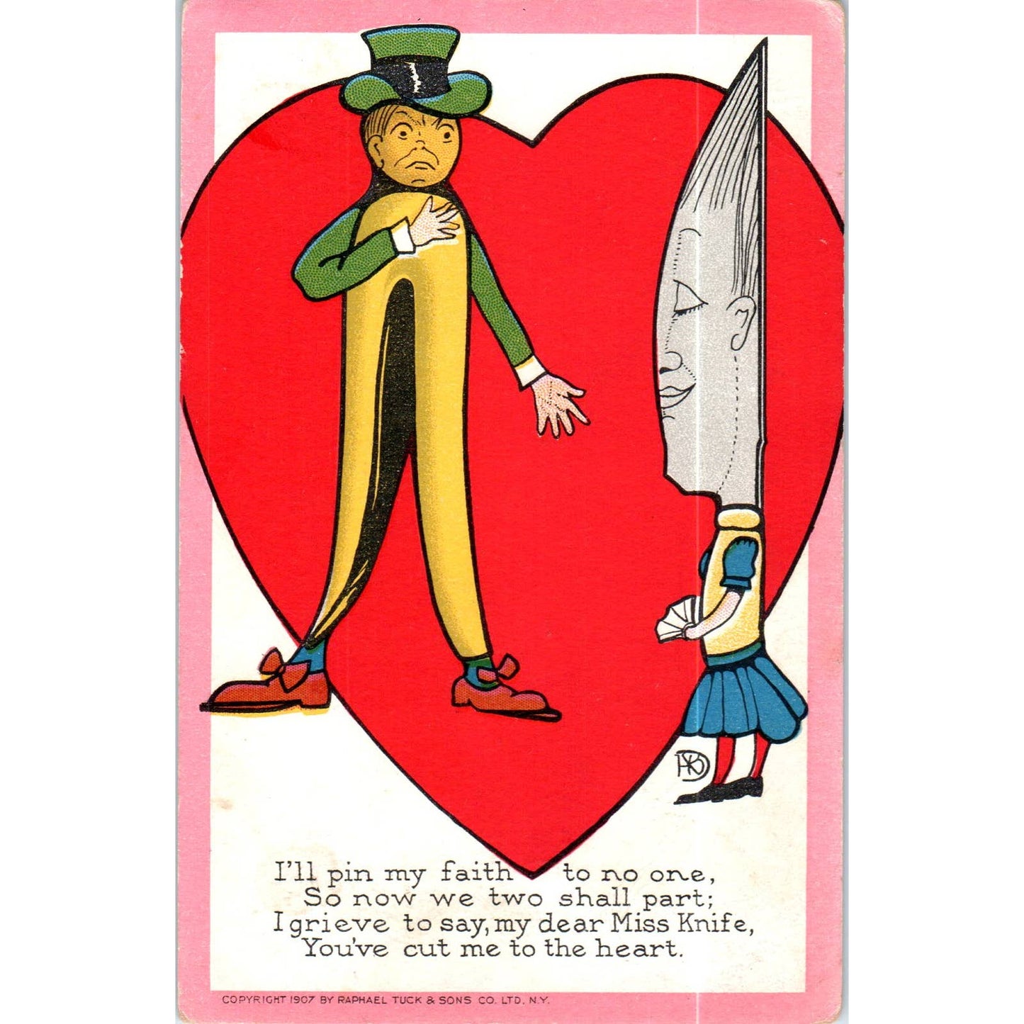 Valentines Anthropomorphic Knife, Clothespin Raphael Tuck Postcard TK1-P17