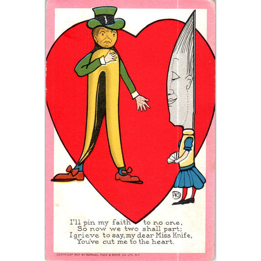 Valentines Anthropomorphic Knife, Clothespin Raphael Tuck Postcard TK1-P17