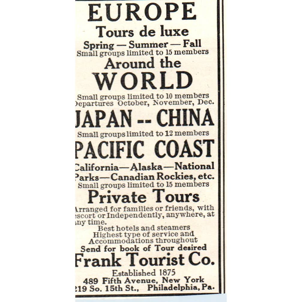 Europe Tours - Frank Tourist Co. - 1921 Original Ad TJ7-S