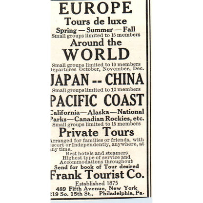Europe Tours - Frank Tourist Co. - 1921 Original Ad TJ7-S