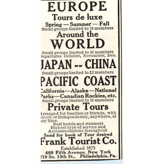Europe Tours - Frank Tourist Co. - 1921 Original Ad TJ7-S