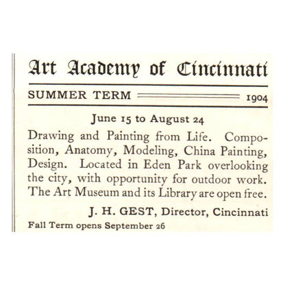 Art Academy of Cincinnati J.H. Gest 2x2.5" - 1904 Original Ad TJ8-8