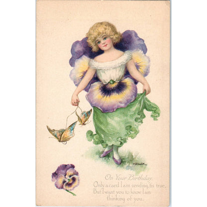 Birthday Face in Flower Purple Pansy c1910 Original Postcard TK1-27