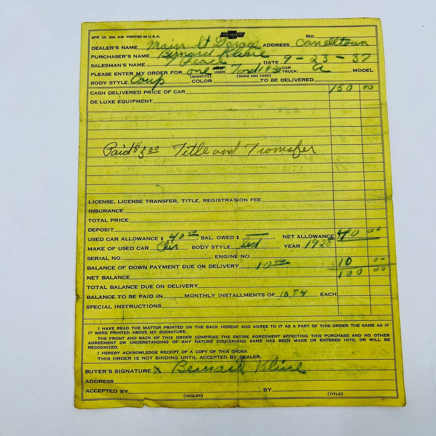 1937 Chevrolet Coup Invoice Main St. Garage Canelltown D2