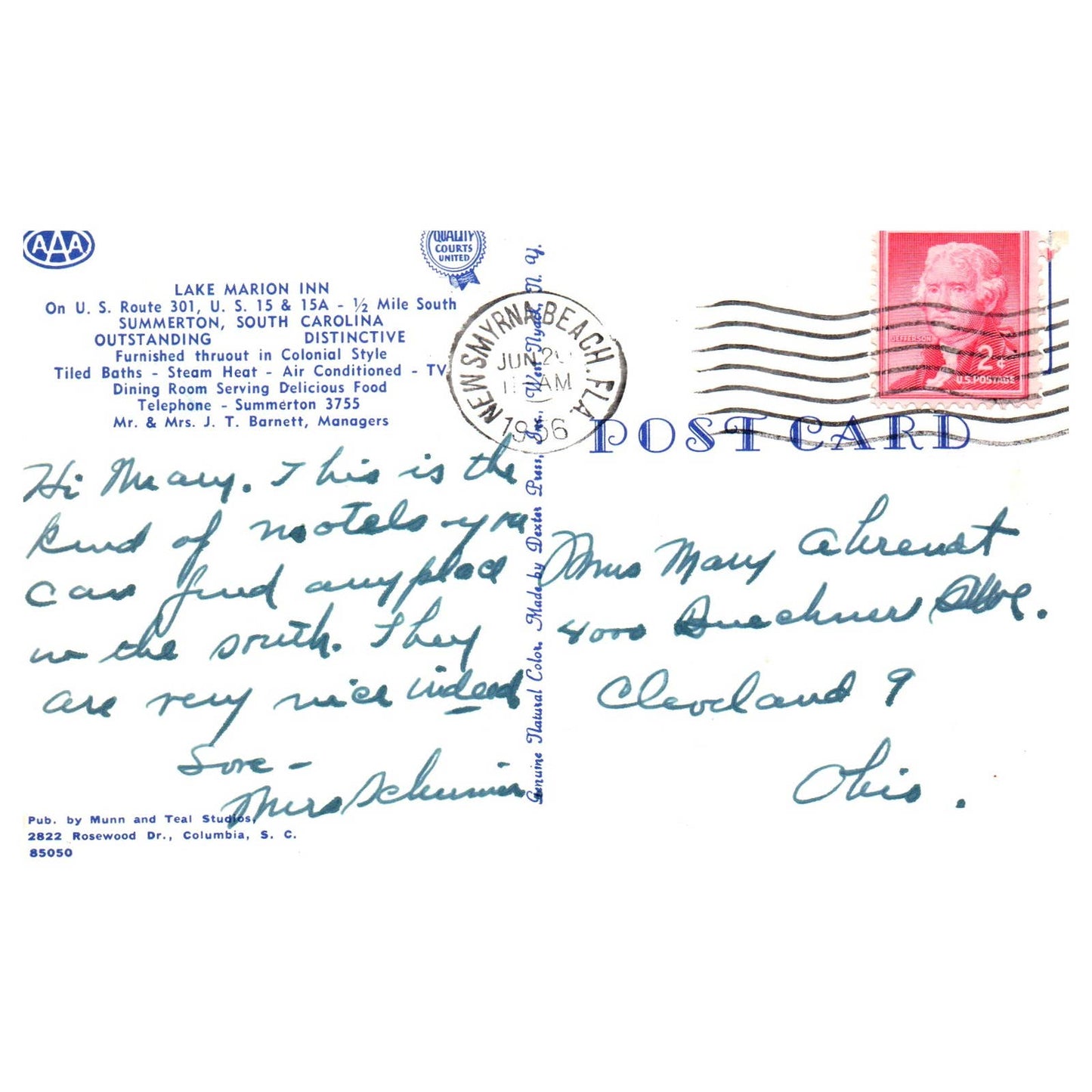 Vintage Postcard - 1956 Lake Marion Inn Summerton SC J.T. Barnett TJ7-1